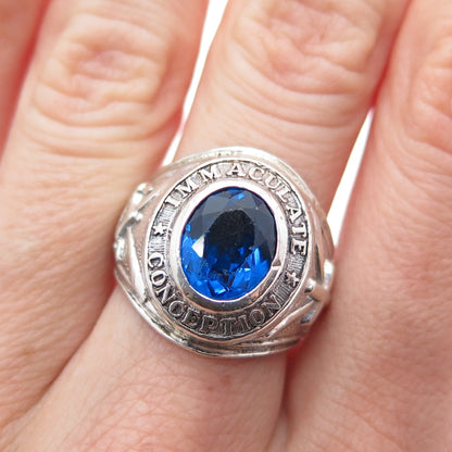 925 Sterling Vintage 1974 Blue C Z Immaculate Conception School Ring Size 6.75