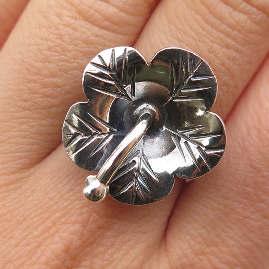 925 Sterling Silver Vintage Modernist Flower Oxidized Ring Size 8.5