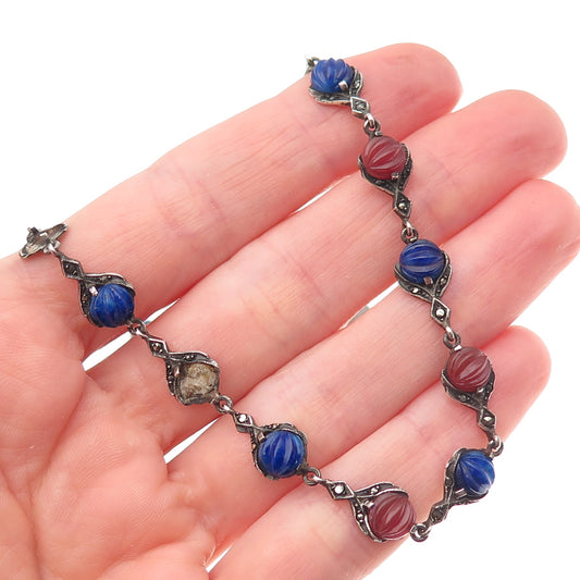 925 Sterling Silver Antique Real Carnelian Lapis Necklace 14" (missing 6 stones)