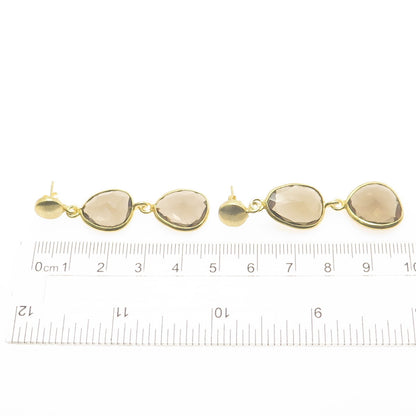 925 Sterling Silver Gold Plated Vintage Smoky Quartz Modernist Dangle Earrings