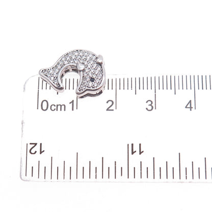 925 Sterling Silver Round-Cut Black & White C Z Dolphin Mini Slide Pendant