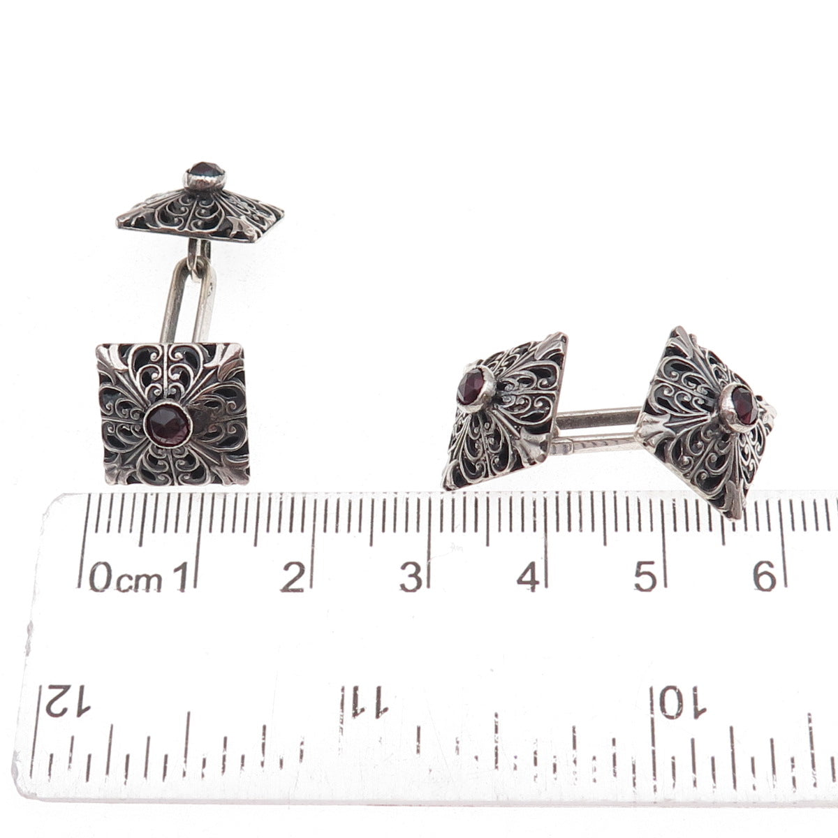 800 Silver Antique Art Deco Real Red Garnet Floral Oxidized Cufflinks