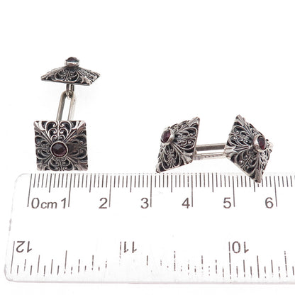 800 Silver Antique Art Deco Real Red Garnet Floral Oxidized Cufflinks