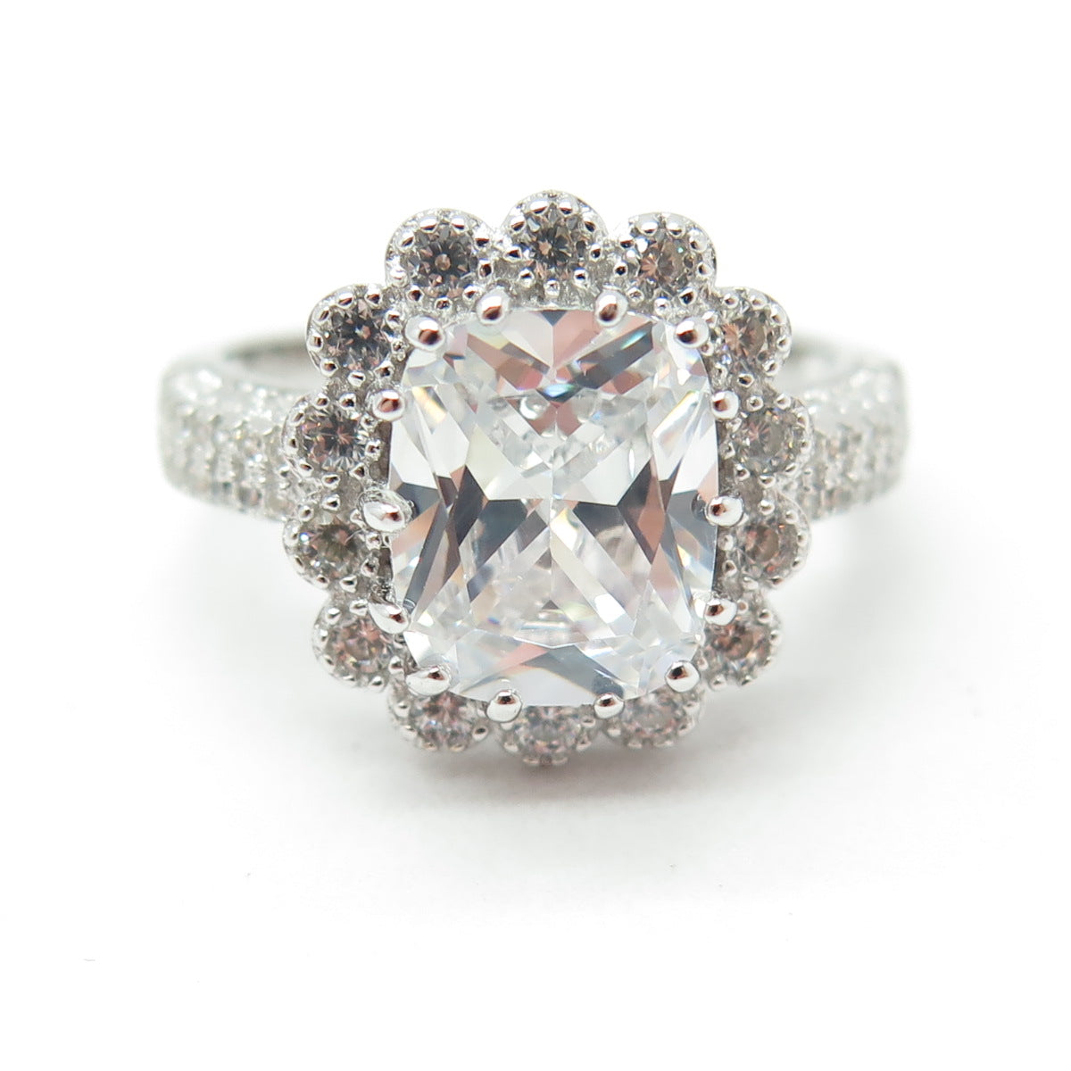 925 Sterling Silver Real Cushion & Round-Cut C Z Ring Size 8.25