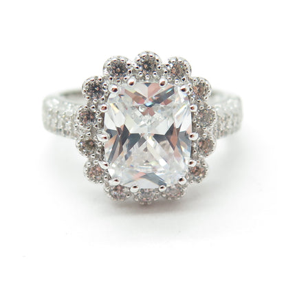 925 Sterling Silver Real Cushion & Round-Cut C Z Ring Size 8.25