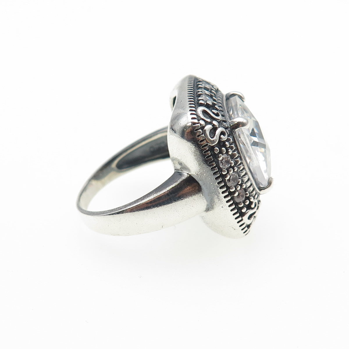 925 Sterling Vintage Cushion & Round-Cut C Z Swirl Oxidized Ring Size 8.25