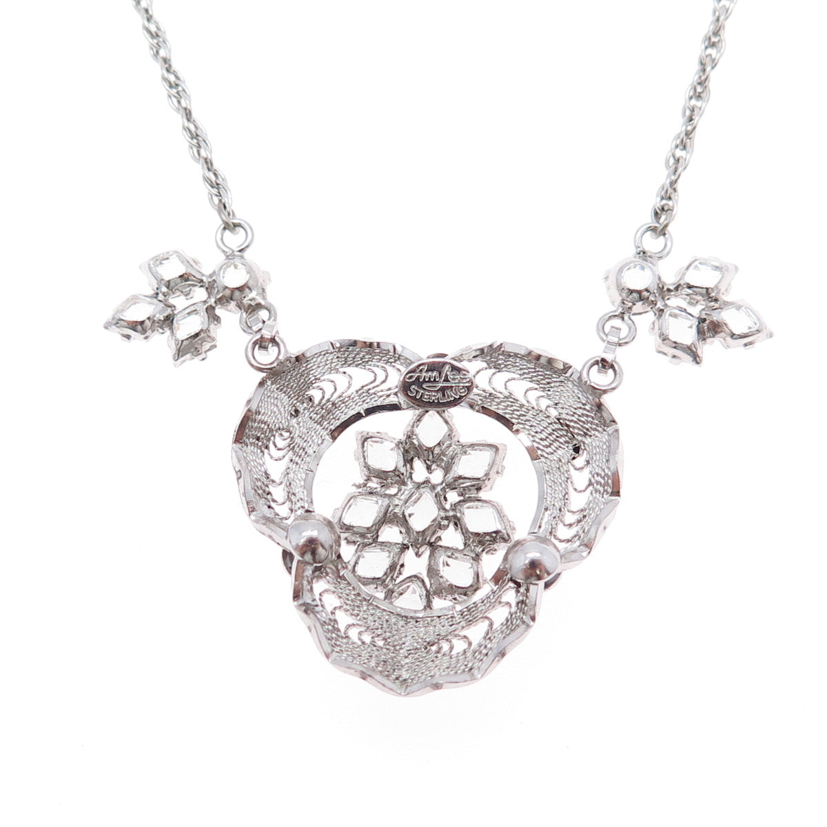 AM LEE 925 Sterling Silver Antique Art Deco Rhinestone Filigree Necklace 16"