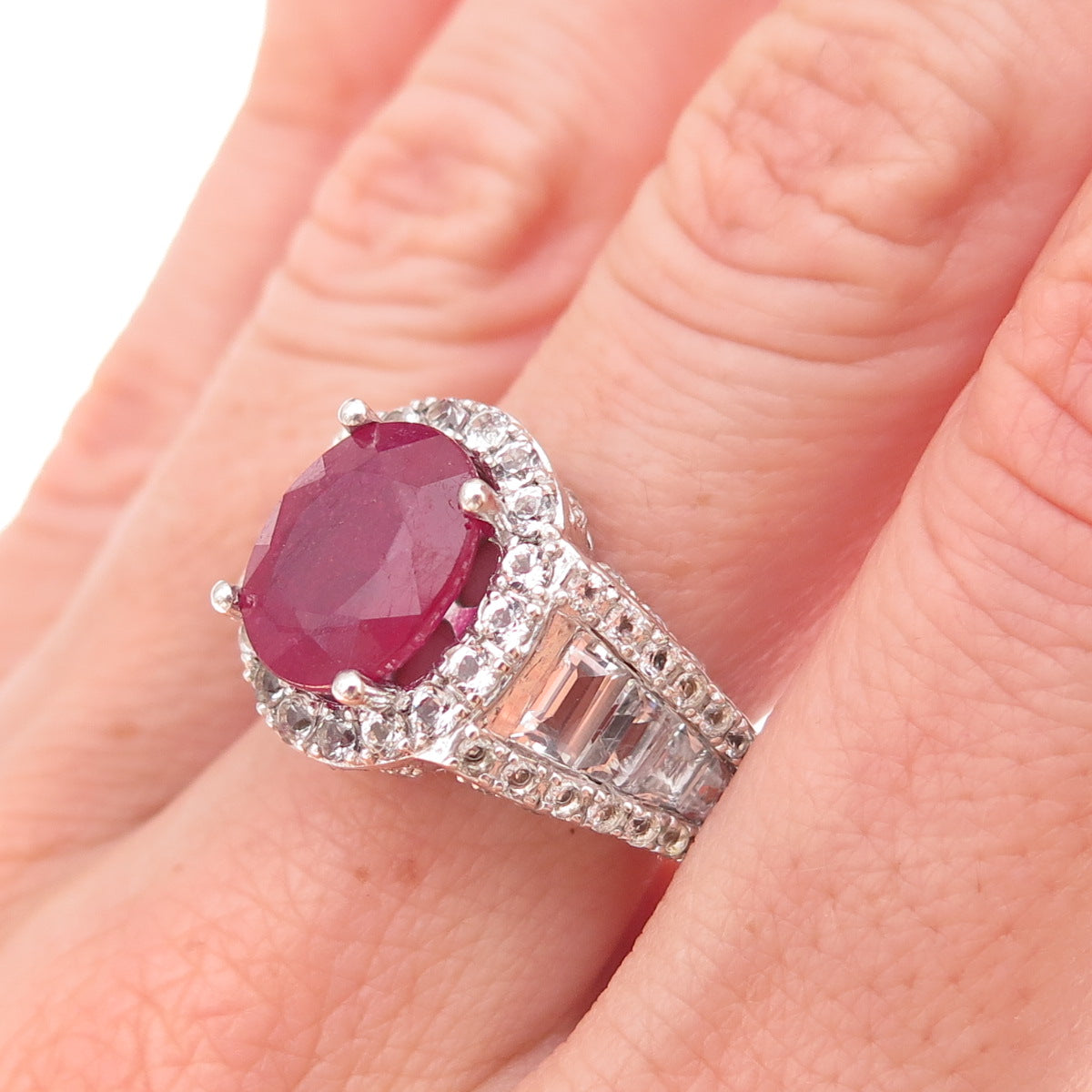 Chuck Clemency 925 Sterling Silver Real Ruby & White Topaz Ring Size 8