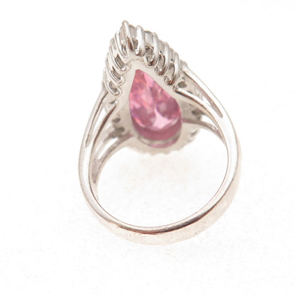 925 Sterling Silver Pear-Cut Pink & Round-Cut White C Z Ring Size 7