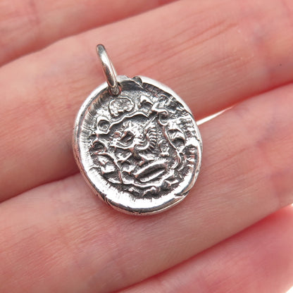 925 Sterling Silver Vintage Griffin Wax Seal Crest Oxidized Charm Pendant