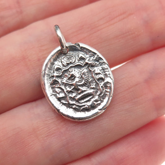 925 Sterling Silver Vintage Griffin Wax Seal Crest Oxidized Charm Pendant