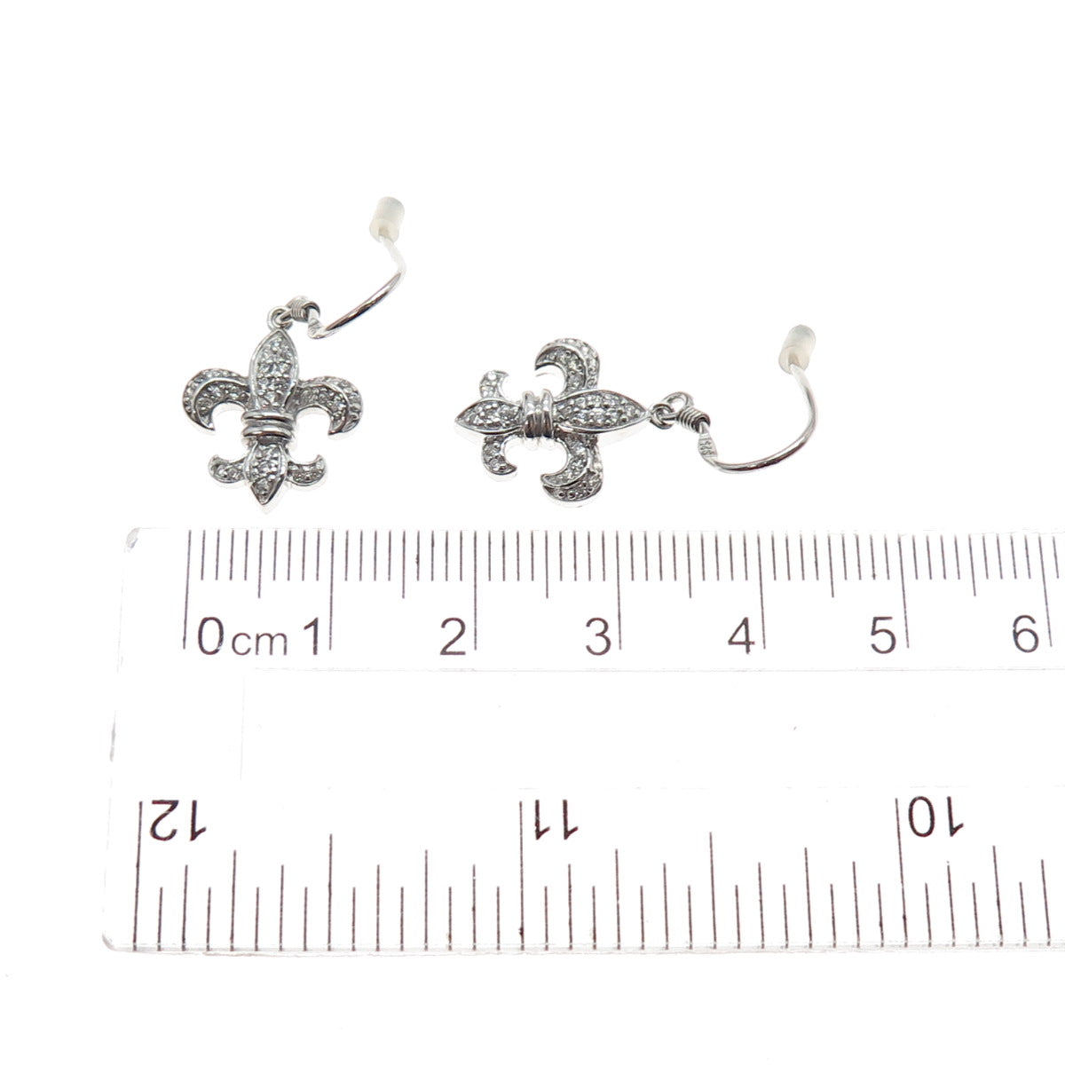 925 Sterling Silver Round-Cut C Z Fleur de Lis Dangle Earrings