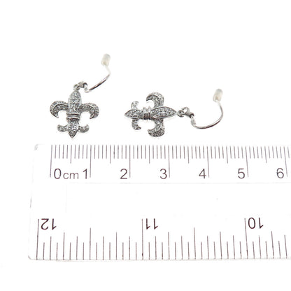 925 Sterling Silver Round-Cut C Z Fleur de Lis Dangle Earrings