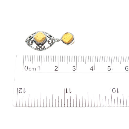 925 Sterling Silver Old Stock Vintage Real Amber Ornate Slide Charm Pendant