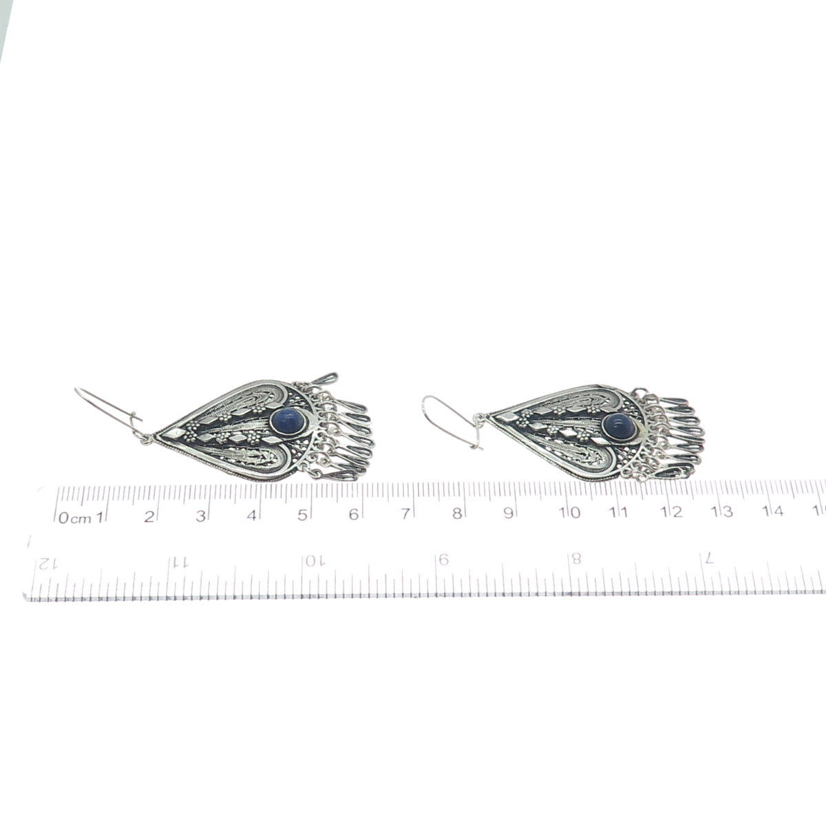 925 Sterling Silver Vintage Real Lapis Oxidized Filigree Chandelier Earrings