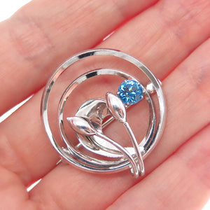 CARL ART 925 Sterling Silver Vintage Blue Rhinestone Flower Pin Brooch / Pendant