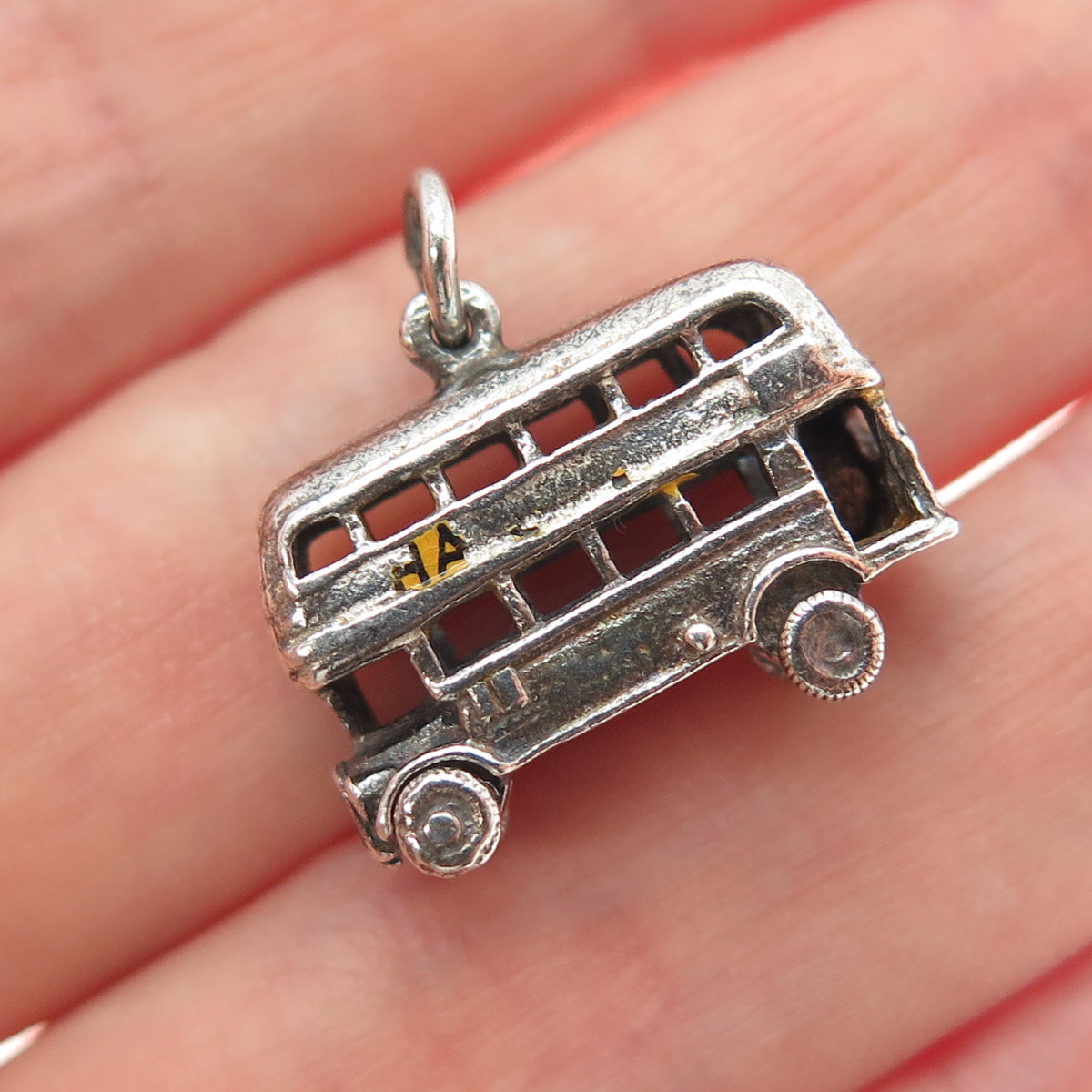 925 Sterling Silver Vintage Enamel London Bus Oxidized Mini 3D Movable Pendant