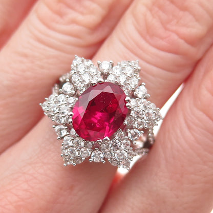 925 Sterling Silver Lab-Created Ruby & C Z Bohemian Ring Size 8