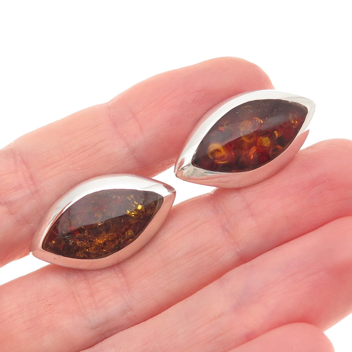 925 Sterling Silver Vintage Poland Real Amber Modernist Cufflinks