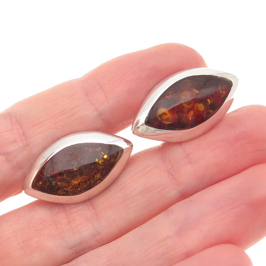 925 Sterling Silver Vintage Poland Real Amber Modernist Cufflinks
