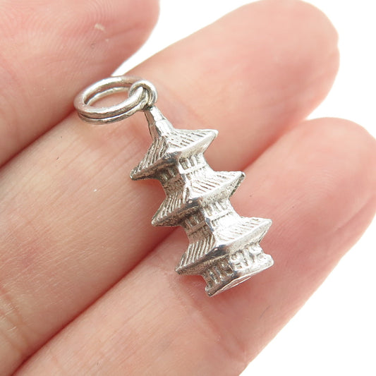 925 Sterling Silver Vintage Buddhist Temple Pagoda Pendant