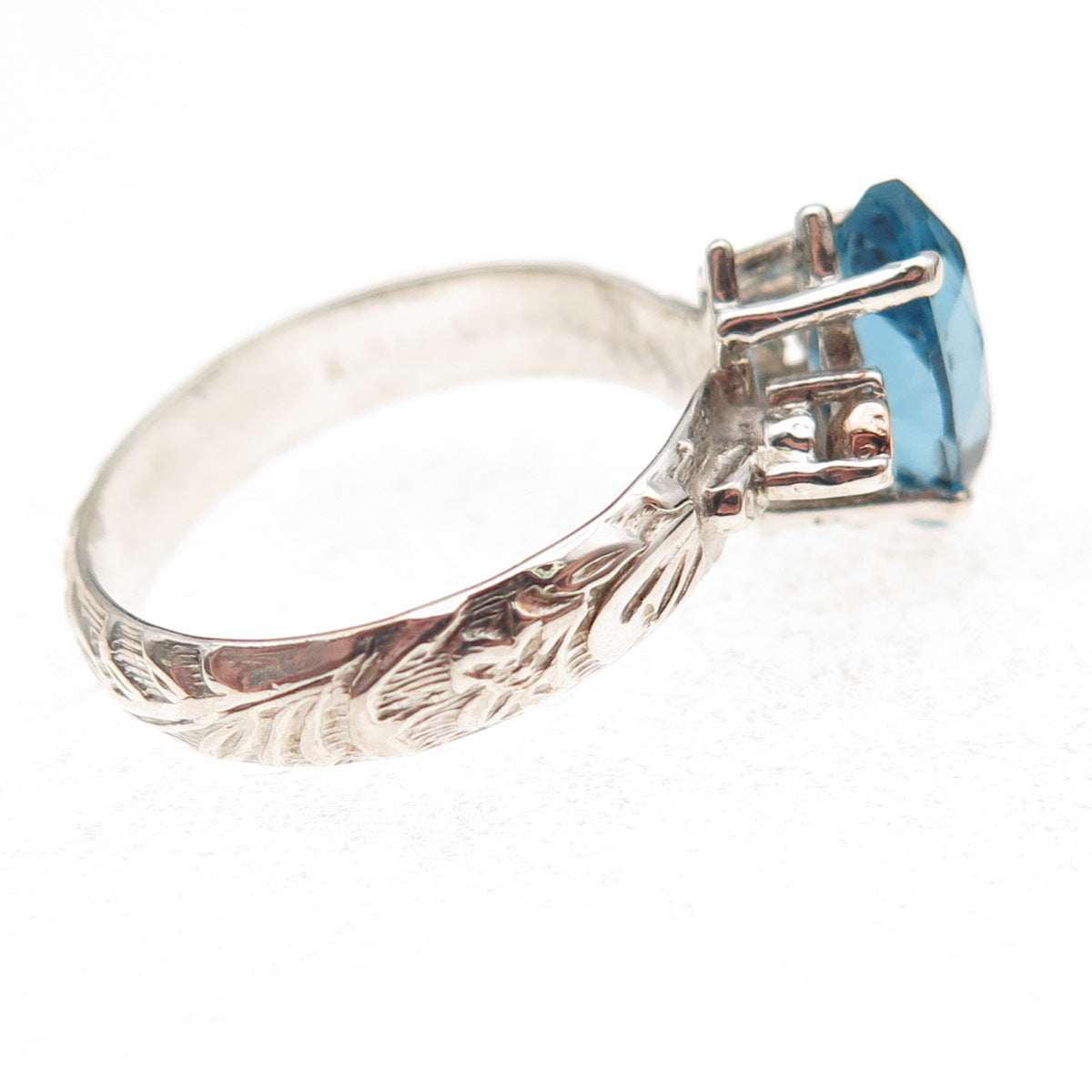 925 Sterling Silver 2-Tone Vintage Real Marquise-Cut Blue Topaz Ring Size 7.75