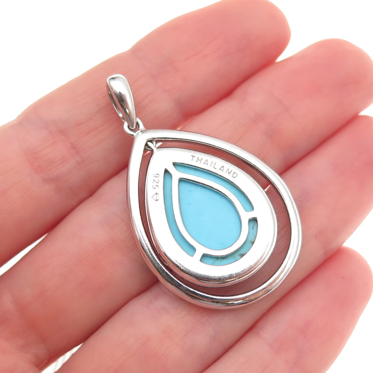 925 Sterling Silver Vintage Real Turquoise Teardrop Charm Pendant