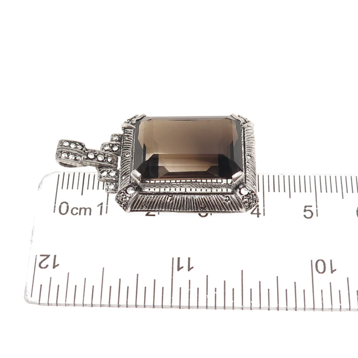 925 Sterling Silver Antique Art Deco Real Smoky Quartz & Marcasite Charm Pendant