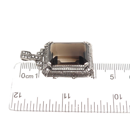 925 Sterling Silver Antique Art Deco Real Smoky Quartz & Marcasite Charm Pendant