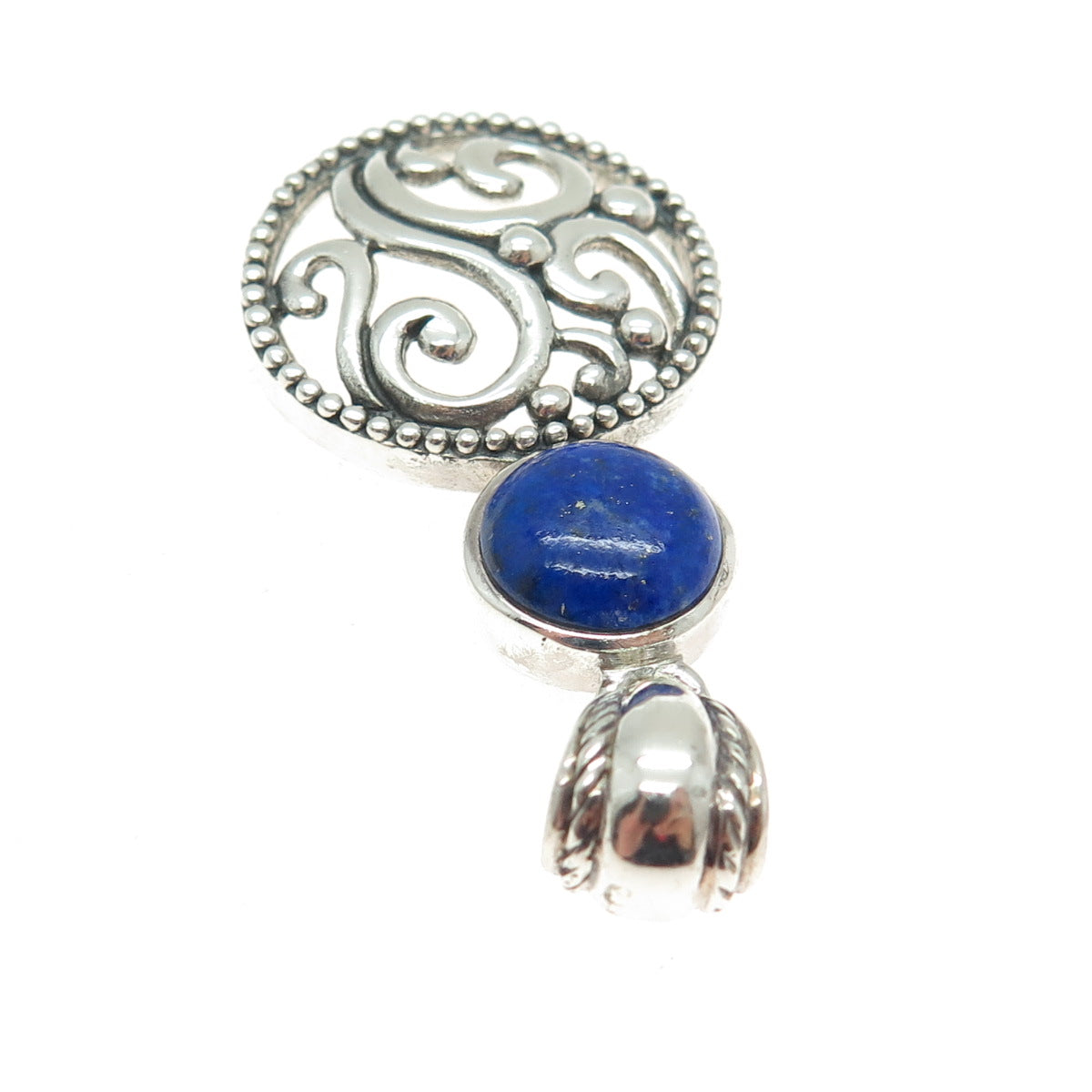 NK SILVER 925 Sterling Silver Vintage Real Lapis Lazuli Ornate Swirl Pendant