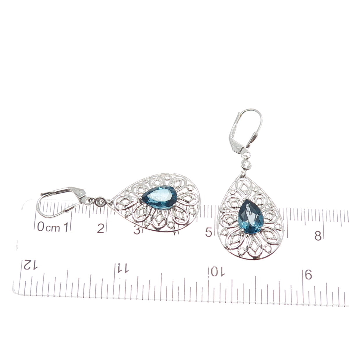 925 Sterling Silver Real London Blue & White Topaz Teardrop Dangle Earrings
