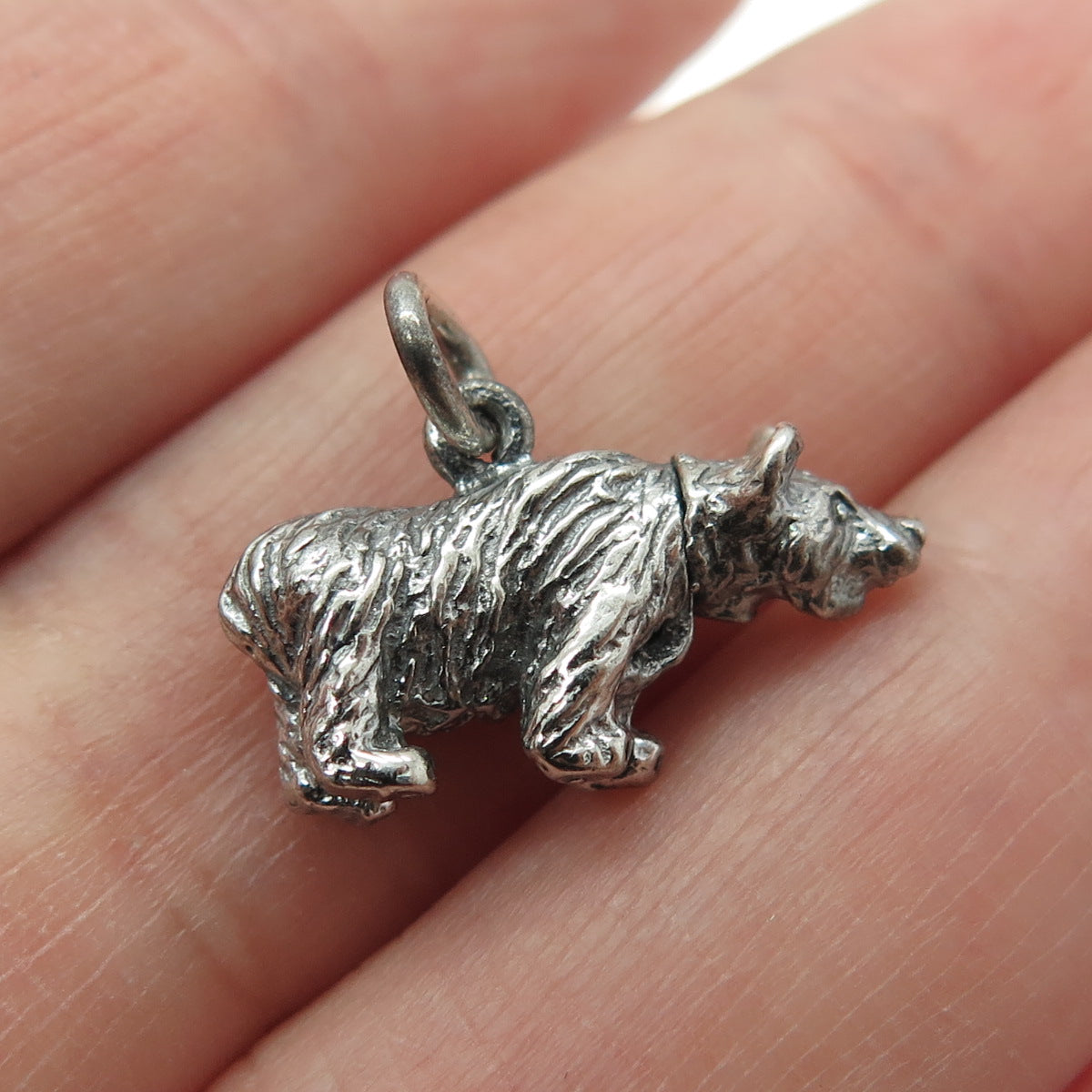 925 Sterling Silver Antique Movable Head Bear Minimalist Oxidized Charm Pendant