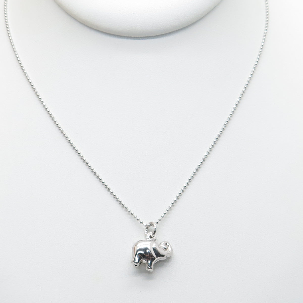 925 Sterling Silver Italy Puffy Elephant Pendant Beaded Chain Necklace 16-18"