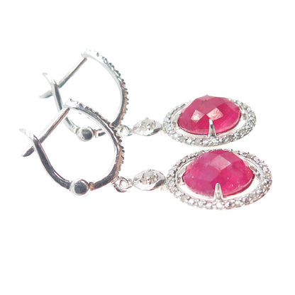 925 Sterling Silver Real Diamond & Oval-Cut Ruby Dangle Earrings