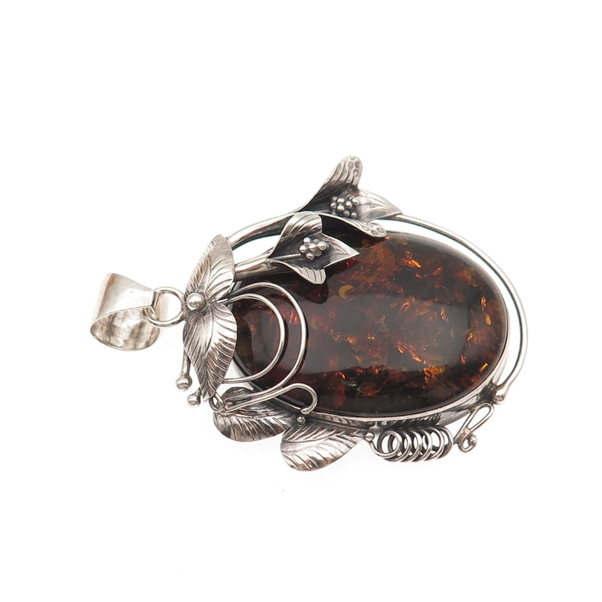 ZIV 925 Sterling Silver Vintage Real Amber Modernist Floral Oxidized Pendant