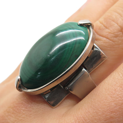 925 Sterling Silver Vintage Real Malachite Oxidized Adjustable Ring Size 8.75