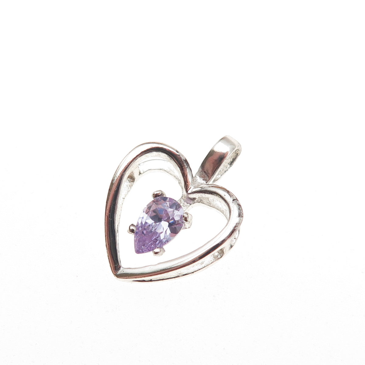 925 Sterling Silver Vintage Pear-Cut Purple C Z Heart Mini Charm Pendant