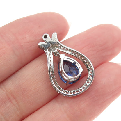 925 Sterling Silver Blue & White C Z Harp Minimalist Slide Pendant