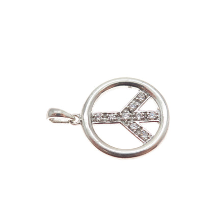 SAI 925 Sterling Silver Round-Cut C Z Peace Symbol Minimalist Charm Pendant