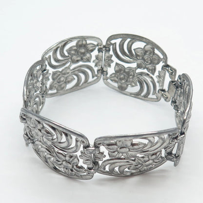 925 Sterling Silver Vintage W. E. Richards Floral Panel Link Bracelet 7.75"