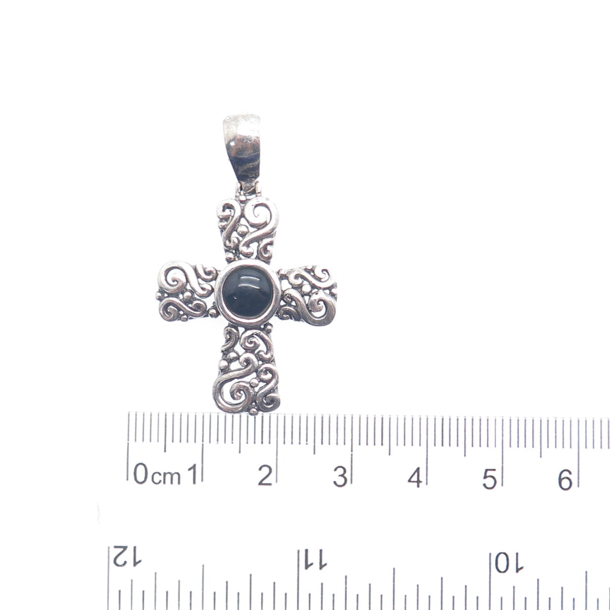 CFJ Collins Fine Jewelry Sterling Vintage Real Black Onyx Swirl Cross Pendant