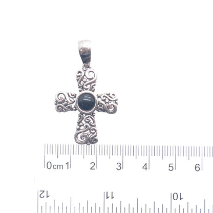 CFJ Collins Fine Jewelry Sterling Vintage Real Black Onyx Swirl Cross Pendant