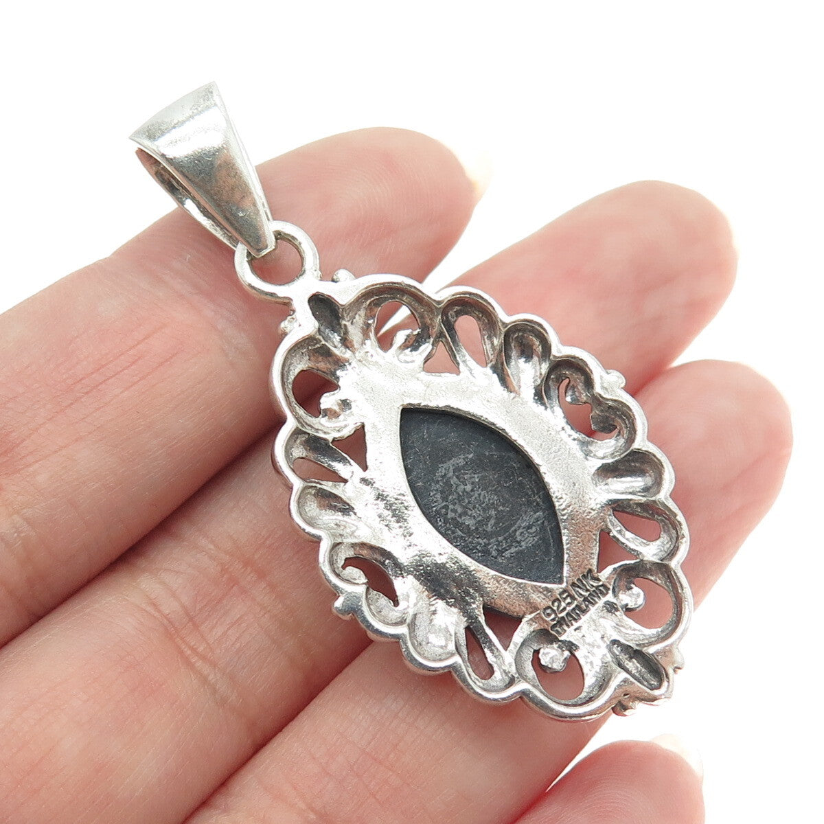 925 Sterling Silver Vintage Real Marquise-Cut Black Onyx Floral Pendant