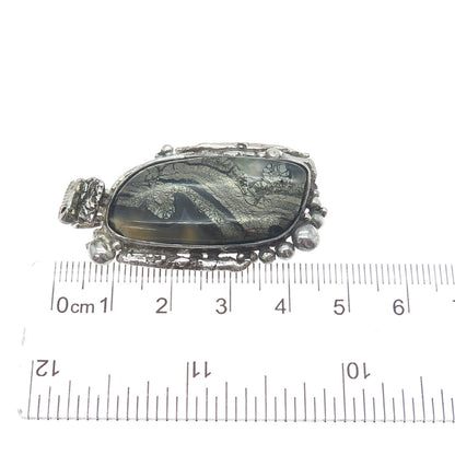 925 Sterling Silver Vintage Real Pyrite Agate Gem Modernist Slide Pendant