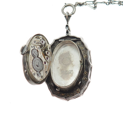 Hallwatch Sterling Antique Enamel Marcasite Swiss 15 Jewels Watch Necklace 24"