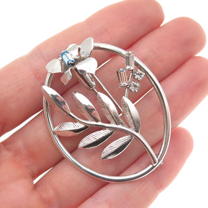 Carl Art 925 Sterling Silver Vintage Blue & White Rhinestone Floral Pin Brooch