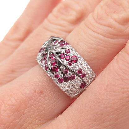 925 Sterling Silver Black Rhodium Lab-Created Ruby & C Z Floral Ring Size 6.75