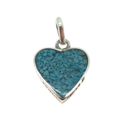 925 Sterling Silver Vintage Mexico Real Turquoise Inlay Heart Minimalist Pendant