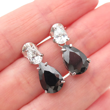 925 Sterling Silver Pear-Cut Black & White C Z Teardrop Dangle Earrings
