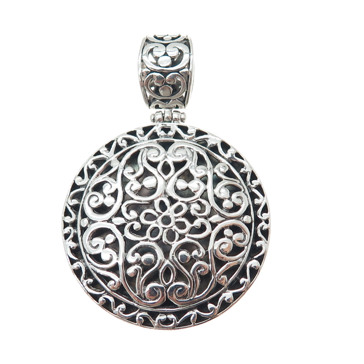 925 Sterling Silver Vintage Ornate Floral Oxidized Pendant